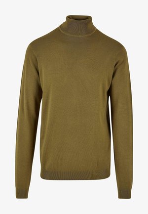 Olive green turtleneck sweater made of smooth knit fabric, featuring long sleeves and a fitted ribbed collar and hem.