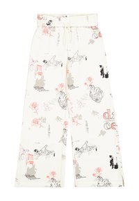 Pantaloni bianchi a gamba larga con un motivo grafico che presenta mani, rose ed elementi astratti in nero, rosa e grigio. Vita elastica con cordino.