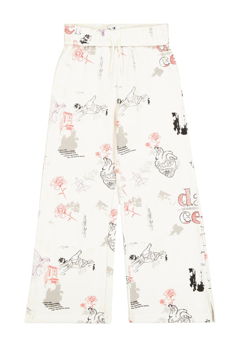 Pantaloni bianchi a gamba larga con un motivo grafico che presenta mani, rose ed elementi astratti in nero, rosa e grigio. Vita elastica con cordino.