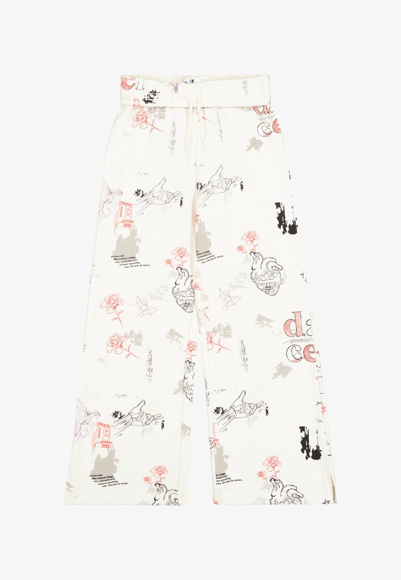 Białe spodnie z szerokimi nogawkami, zdobione graficznym wzorem z rękami, różami i abstrakcyjnymi elementami w kolorach czarnym, różowym i szarym. Elastyczny pasek w talii z troczkiem.