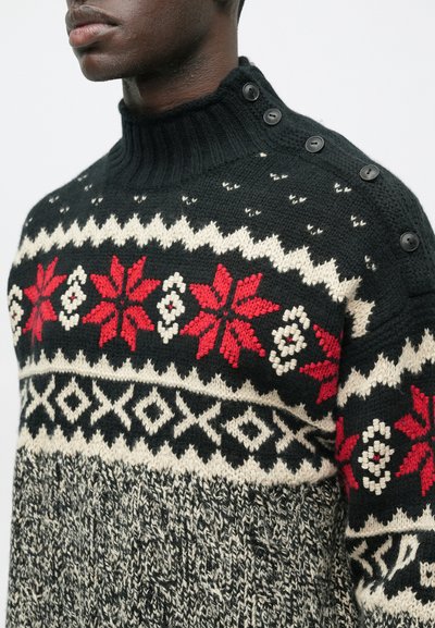 Pletsana vesta s visokim ovratnikom, crne boje, uzorci snjegovića u bijeloj i crvenoj boji, teksturirana siva donja strana, te crni gumbi na ramenu.