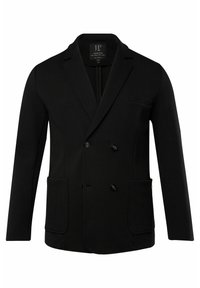 Blazer negro de doble botonadura con solapas en pico, dos bolsillos frontales y cierre de botón, confeccionado en una tela suave con un ajuste entallado.