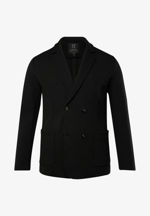 Black double-breasted blazer featuring a notched lapel, two front pockets, and button closure, made from a smooth fabric with a tailored fit.