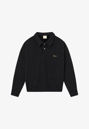 Zwart poloshirt met lange mouwen en een kraag, met een drieknopenlijst en een geribde zoom. Bevat gouden borduursels op de linkerborst. Zachte stoftextuur.
