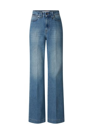 Niebieskie dżinsy z wysokim stanem i szerokimi nogawkami, z przodu zapinane na guziki i zamek błyskawiczny, posiadające kieszenie z przodu i z tyłu oraz subtelne przetarcia na udach.