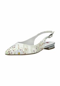 Scarpe slingback con motivo floreale in bianco, punta affusolata, tacco metallico basso e tessuto texturizzato che presenta volti e fiori pastello.