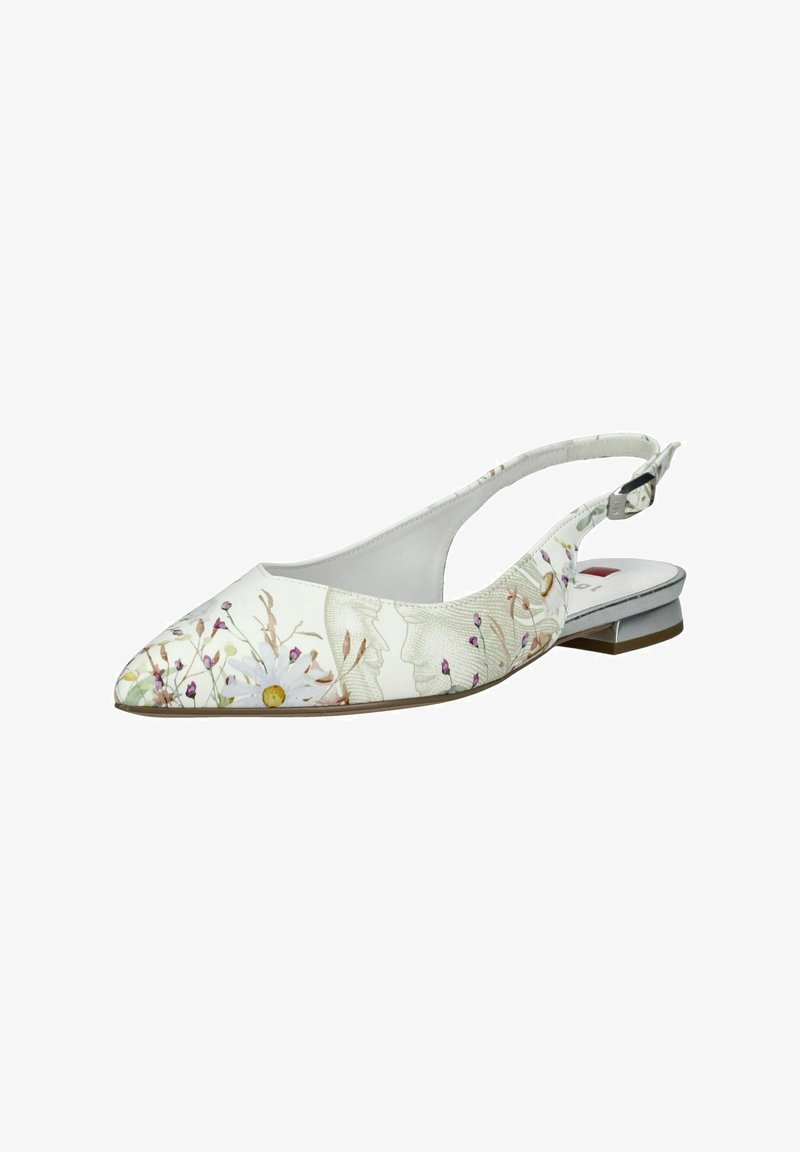Scarpe slingback con motivo floreale in bianco, punta affusolata, tacco metallico basso e tessuto texturizzato che presenta volti e fiori pastello.