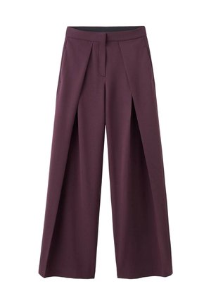 Pantalones de pierna ancha en color ciruela con pliegues frontales, cinturilla plana y bolsillos laterales. Hechos de una tela suave con un diseño limpio.