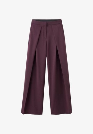 Pantaloni a gamba larga color prugna con pieghe frontali, vita piatta e tasche laterali. Realizzati in tessuto liscio con un design pulito.