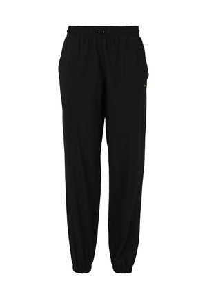 Schwarze Jogginghosen mit elastischem Bund, Kordelzug, Seitentaschen und elastischen Bündchen auf weißem Hintergrund.