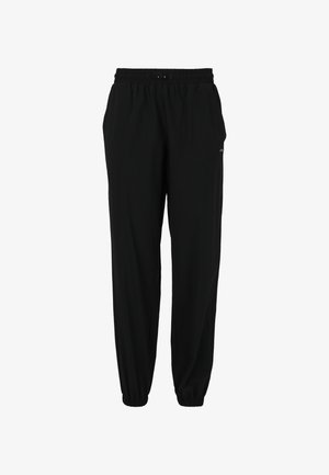 Zwarte joggingbroek met elastische tailleband, koord, zijzakken en elastische boorden op een witte achtergrond.