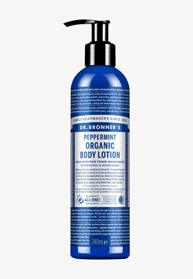 Flacon pompe bleu de la lotion corporelle biologique à la menthe poivrée Dr. Bronner's, 240 ml, avec texte détaillé sur le produit et les ingrédients sur l'étiquette.