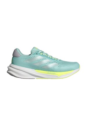 lichte blauwe sportschoen met een ademend bovenwerk van mesh, grijze hielband, reflecterende strepen en een witte en neon gele gedempte zool.
