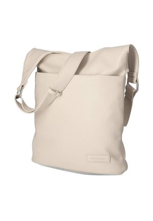 Beige leren crossbodytas met verstelbare riem, rechthoekige vorm, een gestructureerd oppervlak en een klein merkembleem op de voorkant in de onderste hoek.