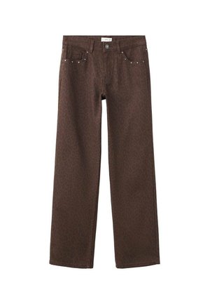 Jean en denim marron avec un motif léopard subtil, coupe droite, et des clous argentés sur les poches.