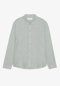 Camicia a maniche lunghe di colore verde chiaro con colletto, sei bottoni e orlo leggermente curvato, disposta su uno sfondo bianco.