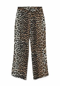 Bredde ben bukser med leopardprint i en blanding af brune, sorte og beige farver. Blødt stof med løs pasform og ingen synlige lukke detaljer.