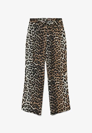 Leopard-print wide-leg pants featuring a mix of brown, black, and beige colors. Soft fabric with a loose fit and no visible closure details.