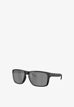 Black rectangular sunglasses with dark tinted lenses, sturdy matte plastic frame, and metal accents on the hinges.