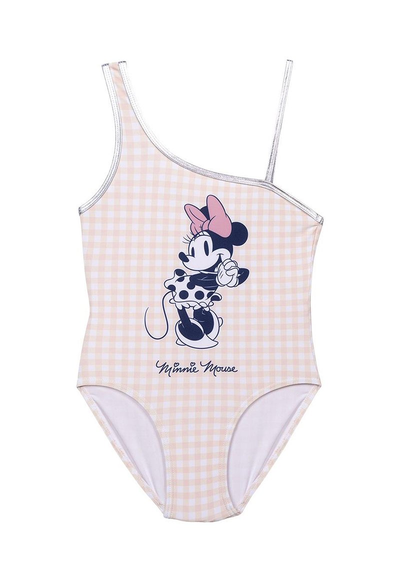 Baile de una sola hombro en un patrón de cuadros vichy en rosa claro, con un gráfico de Minnie Mouse en negro y rosa, y detalles plateados en la tira.