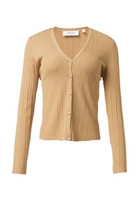 Beiger gerippter Cardigan mit V-Ausschnitt, langen Ärmeln und Knopfverschluss an der Vorderseite. Weicher Stoff mit taillierter Silhouette.