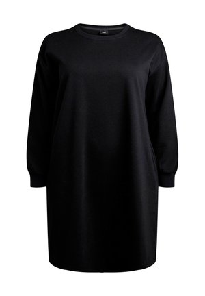 Musthave suuruses oversize pullover kleit pikkade varrukatega, ümmargune kaelus ja pehme puuvillane kangas. Sile tekstuur; pole nähtavaid mustreid ega aktsente.