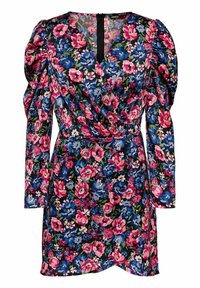 Robe fleurie avec manches longues bouffantes, présentant un fond noir et des motifs floraux colorés en rose, bleu et vert. Col en V et fermeture éclair.