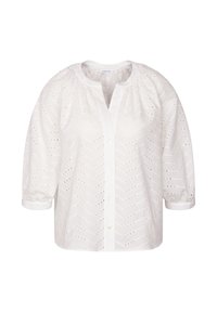 Blouse blanche boutonnée avec manches ballon trois-quarts, col rond et tissu en dentelle à œillets motif chevron.