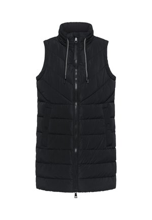 Svart ärmlös puffer väst med hög krage, dragkedja, framfickor och horisontell quiltad mönster. Detaljer inkluderar dragsnören.