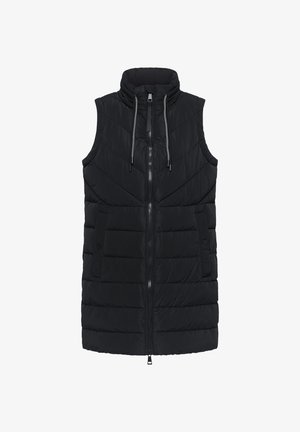 Schwarze ärmellose Steppweste mit hohem Kragen, Reißverschluss, vorderen Taschen und horizontalem Steppmuster. Akzente umfassen Kordelzüge.