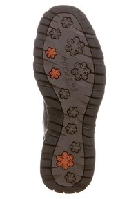 Suola in gomma marrone con un motivo floreale a cinque petali nei colori arancione, nero e grigio, con scanalature testurizzate per una migliore aderenza.