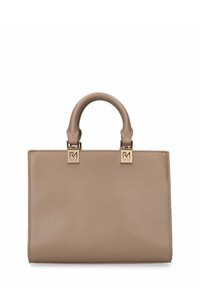Borsa in pelle beige con due manici corti e dettagli in metallo color oro. Forma rettangolare, texture liscia.