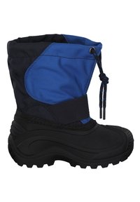 Bottes d'hiver avec un empiècement en nylon bleu et noir, semelle en caoutchouc, col rembourré et fermeture par cordon de serrage pour un ajustement ajustable.