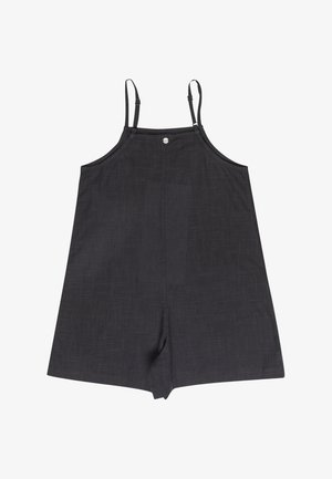 Čierny bezrukávový overal s tenkými ramienkami, ktorý má textúrovanú tkaninu, voľný strih a zapínanie na cvok vpredu.