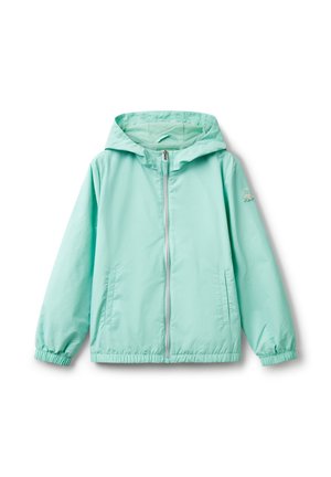 Leichte mintgrüne Jacke mit Reißverschluss und Kapuze, elastischen Bündchen und zwei seitlichen Taschen. Mit einem kleinen Logodetail am linken Ärmel.