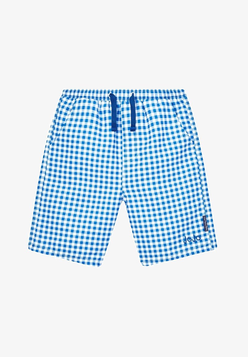 Costume da bagno a quadri blu e bianchi con cintura elastica, laccetto blu e tasche laterali. Presenta un logo sulla gamba sinistra inferiore.