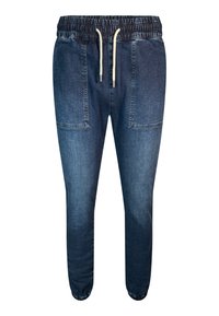 Mörk tvättad denim-jogger med dragsko i midjan, elastiska muddar och två framfickor. Slät yta och avslappnad passform.