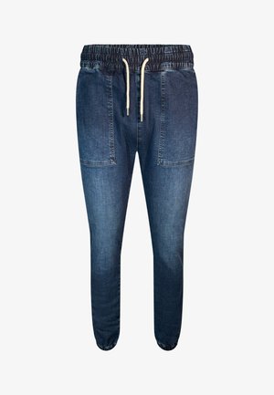 Dark wash denim joggers with a drawstring waist, elastic cuffs, and two front pockets. Smooth texture and relaxed fit.
