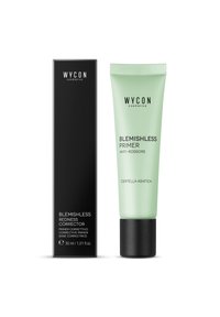 Tubo verde con tappo nero etichettato "Primer Senza Imperfezioni" e scatola nera etichettata "Correttore di Rossori Senza Imperfezioni", entrambi di Wycon.