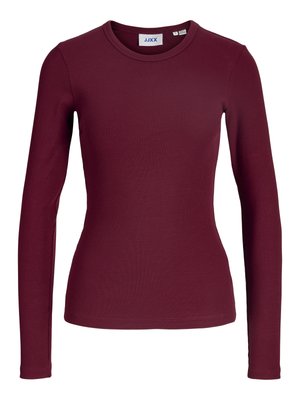 Langsleeve, geribbelde top in diep bordeauxrood. Heeft een ronde halslijn en een strakke pasvorm. Gemaakt van zacht, rekbaar materiaal.
