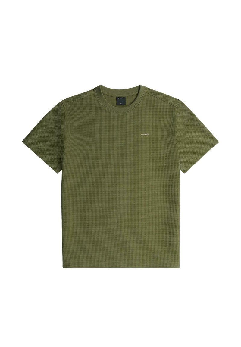 Camiseta de punto texturizado de manga corta en verde oliva con cuello redondo y pequeño logo "G-STAR" en el pecho izquierdo.