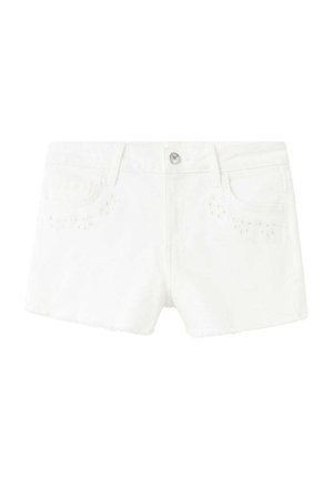 Short en denim blanc avec bouton à l'avant, passants pour ceinture, deux poches avant et de subtils ornements en strass sur les poches.