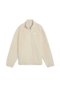 Crème-kleurige fleece pullover met een half-zip ontwerp en een klein wit logo op de borst. De textuur is zacht en comfortabel.