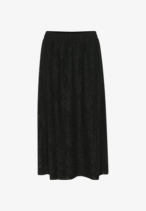 Schwarzer Spitzenn Midi-Rock mit elastischem Bund, der ein zartes Blumenmuster und eine fließende Silhouette aufweist. Der Stoff wirkt leicht und strukturiert.