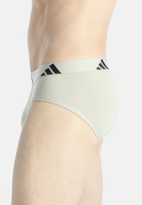 Ljust grå kalsonger med en kontrasterande svart midjeband med tre ränder logotypdesign. Slät textur och tight passform.