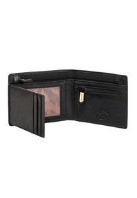 Portafoglio in pelle nera con più slot per carte, una tasca con zip per le monete e una finestra trasparente per l'ID. Presenta una marca in rilievo all'interno.