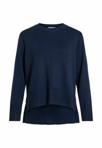 Pull bleu marine avec des manches longues, un col rond et un design superposé avec une texture côtelée à l'ourlet et aux poignets.