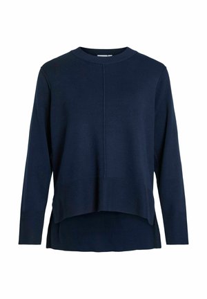 Pull bleu marine avec des manches longues, un col rond et un design superposé avec une texture côtelée à l'ourlet et aux poignets.
