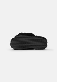 Black fur-lined slipper with a textured rubber sole featuring a wave pattern. Bottom view shows soft edges and plush surface.