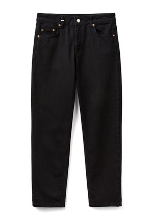 Jeans in denim nero con una vestibilità dritta, dotati di due tasche frontali, rivetti in rame, chiusura con bottone e cuciture rinforzate lungo le cuciture.